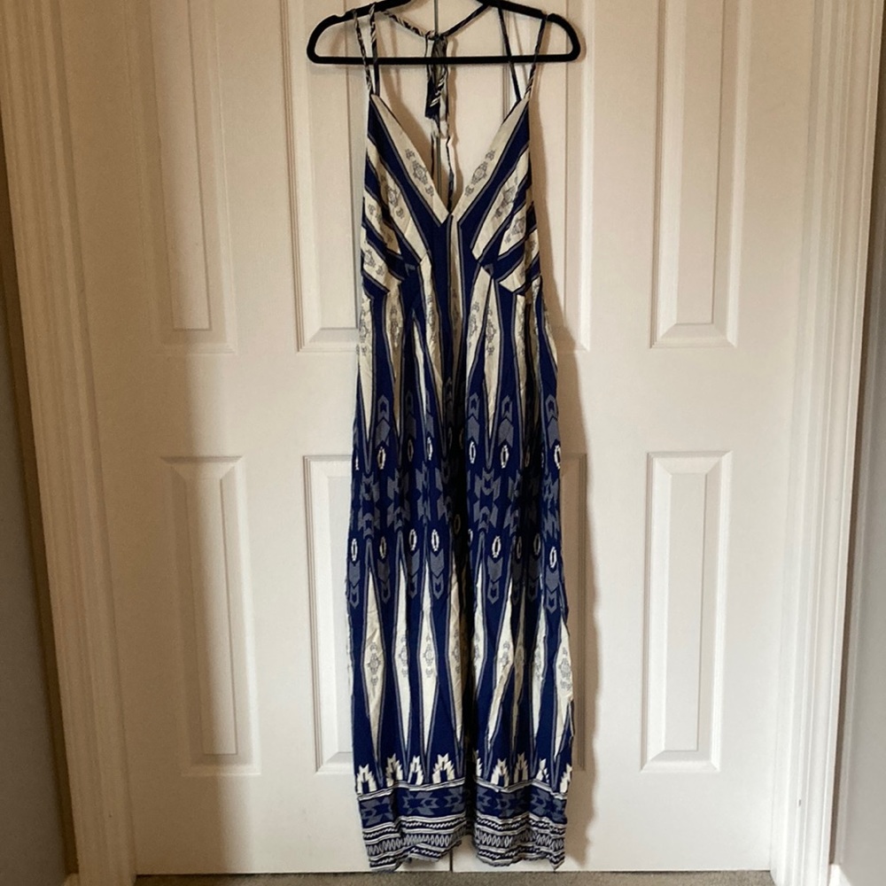 Women’s dress, low back, lightweight, spaghetti strap with tie halter, blue, M